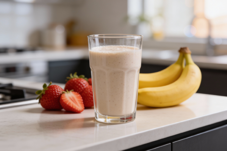 پودر اسلیم لست 1 کارن در لیوان روی میز آشپزخانه با میوههای تازه